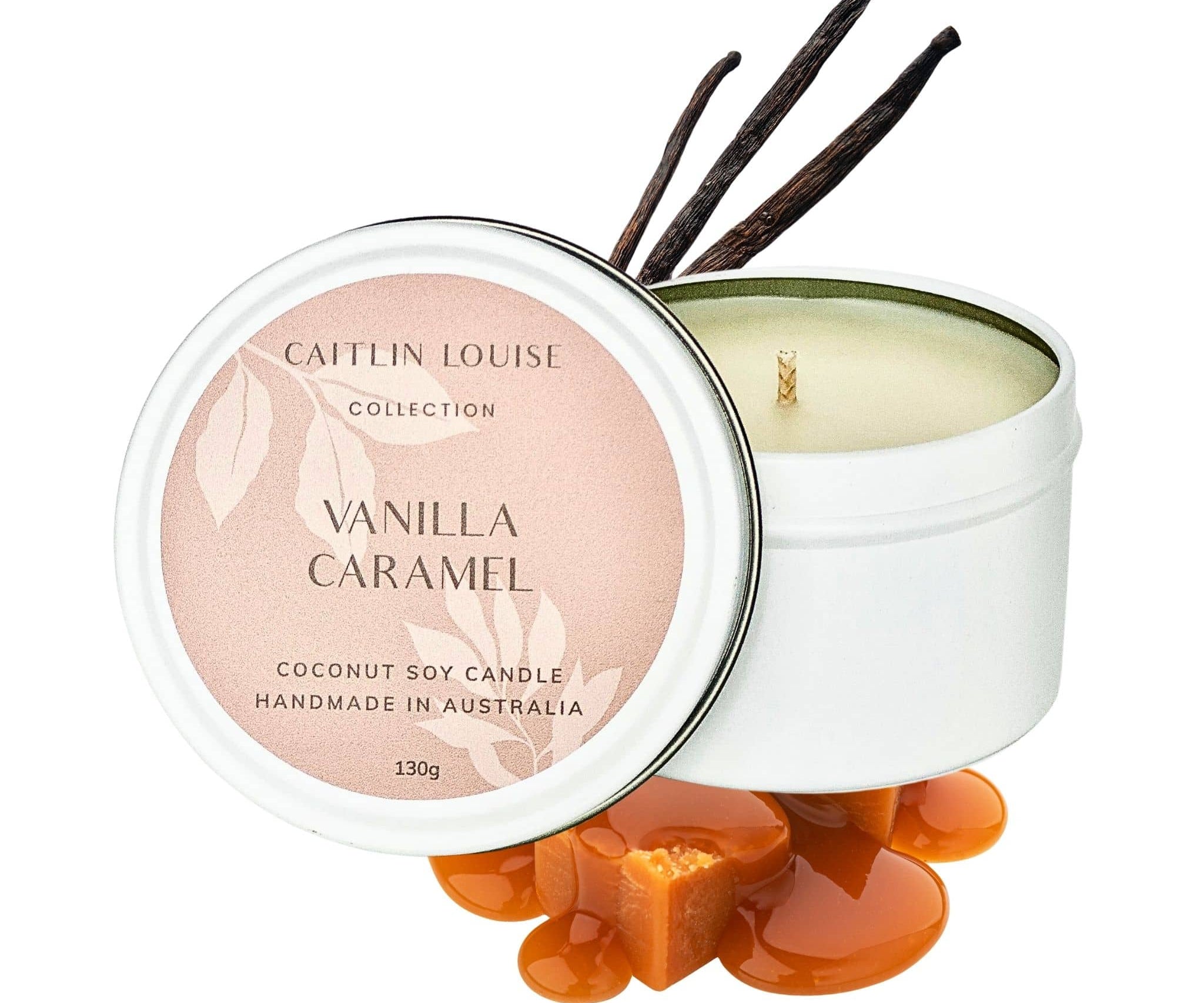 Vanilla caramel scented travel tin candle - white background
