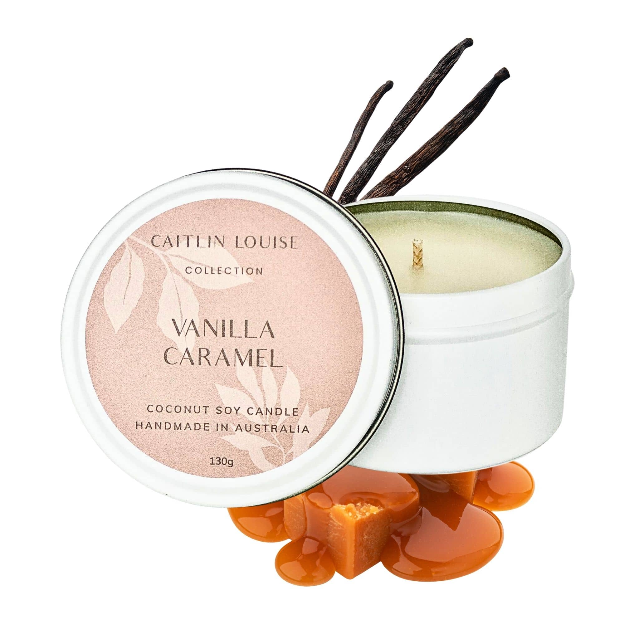 Vanilla caramel scented travel tin candle - white background
