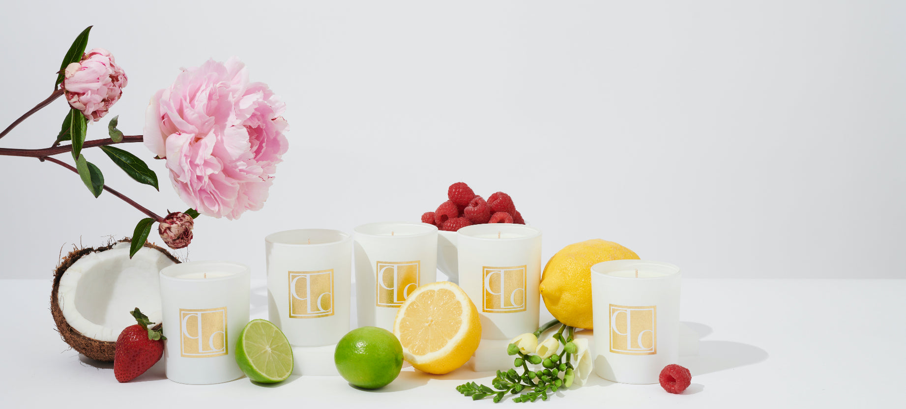 Mini scented candle collection surrounded by fruits and flowers with white background