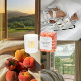Collage of a candle, peaches, a box of White Peach Blossom soap, and a scenic view.