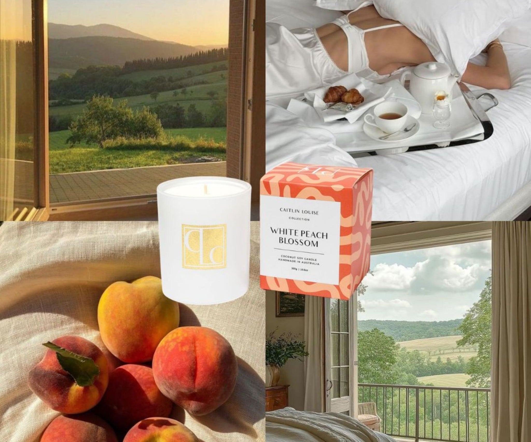 Collage of a candle, peaches, a box of White Peach Blossom soap, and a scenic view.
