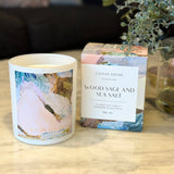 Caitlin Louise Collection's Wood Sage and Sea Salt candle with box - styled on coffee table